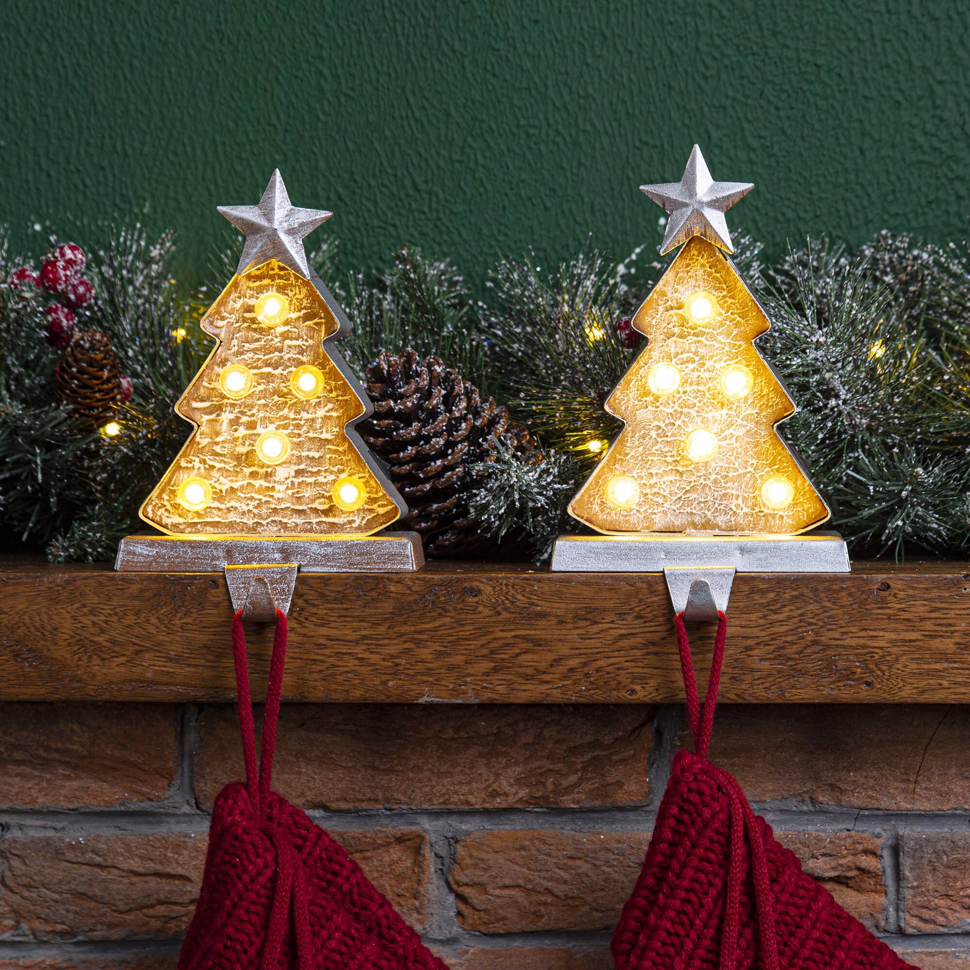 Glitzhome® 8" Marquee LED Wooden & Metal Christmas Tree Stocking Holder Set